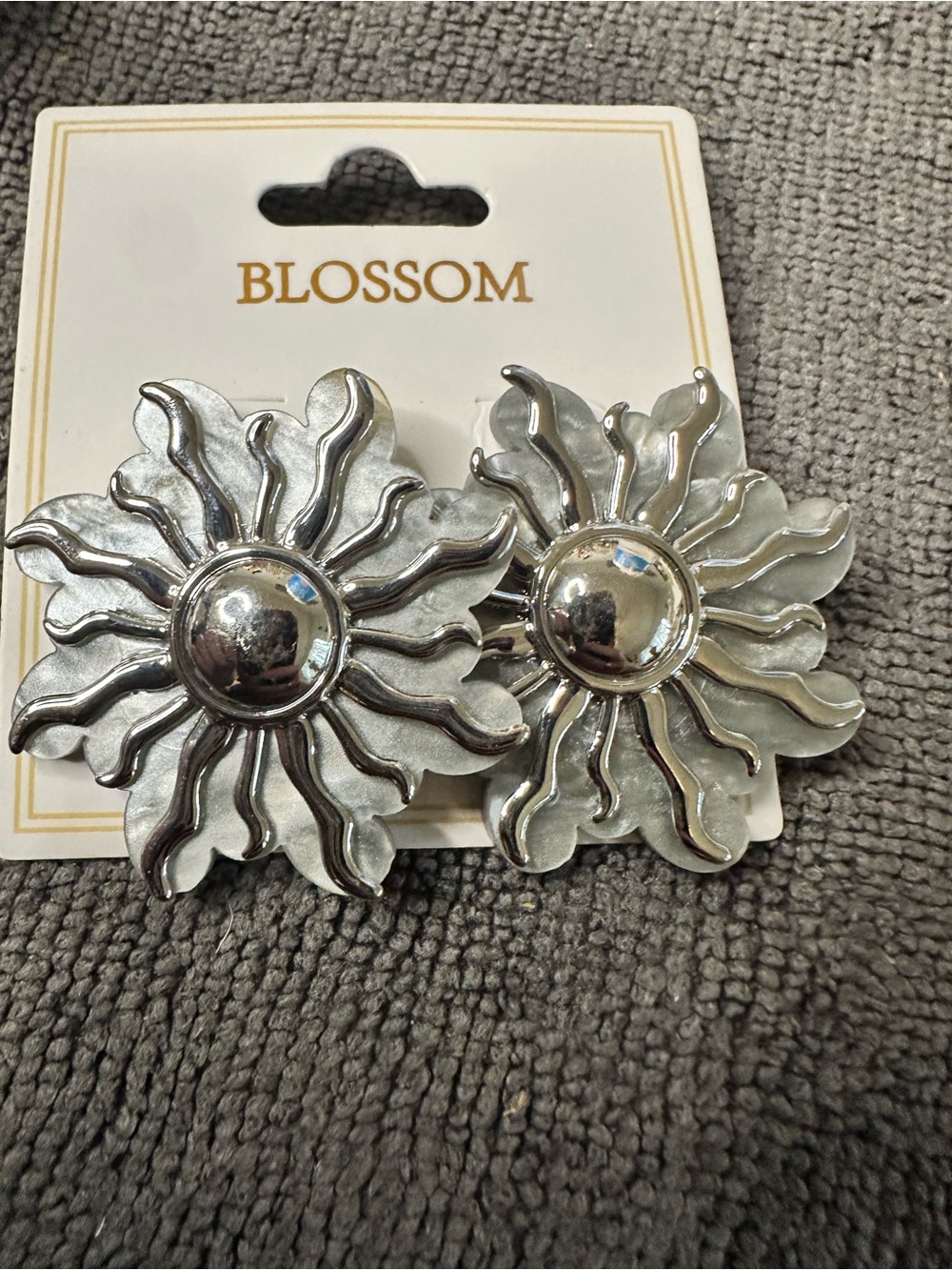 Sun & Shadow Silver Sunburst Flower Clip-On Earrings